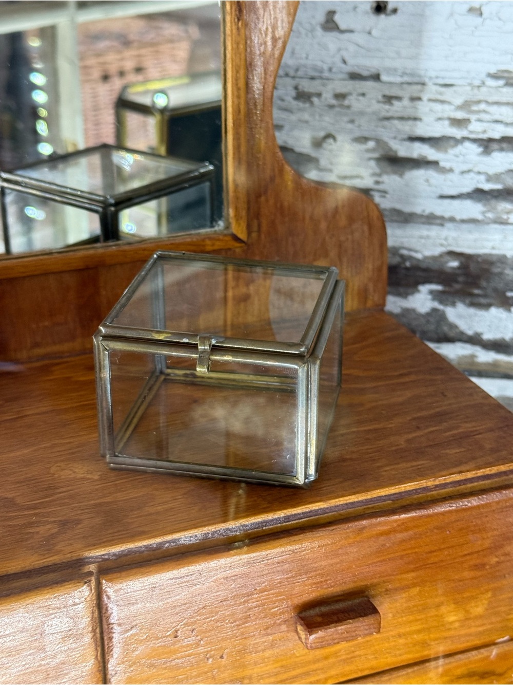 Vintage Mini Brass and Glass Jewelry Trinket Box - Clear Glass with Metal Frame